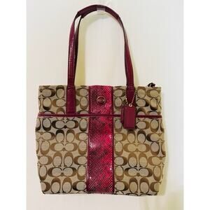 Coach Signature Python Stripe Raspberry Beige Tan shoulder purse bag gently used